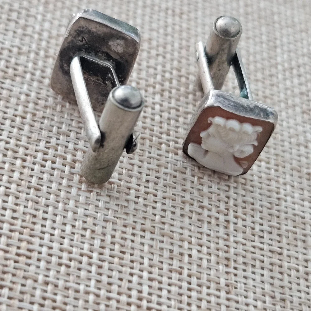 Carved Stone/Shell Top Cufflinks‎ Vintage Sterling Silver